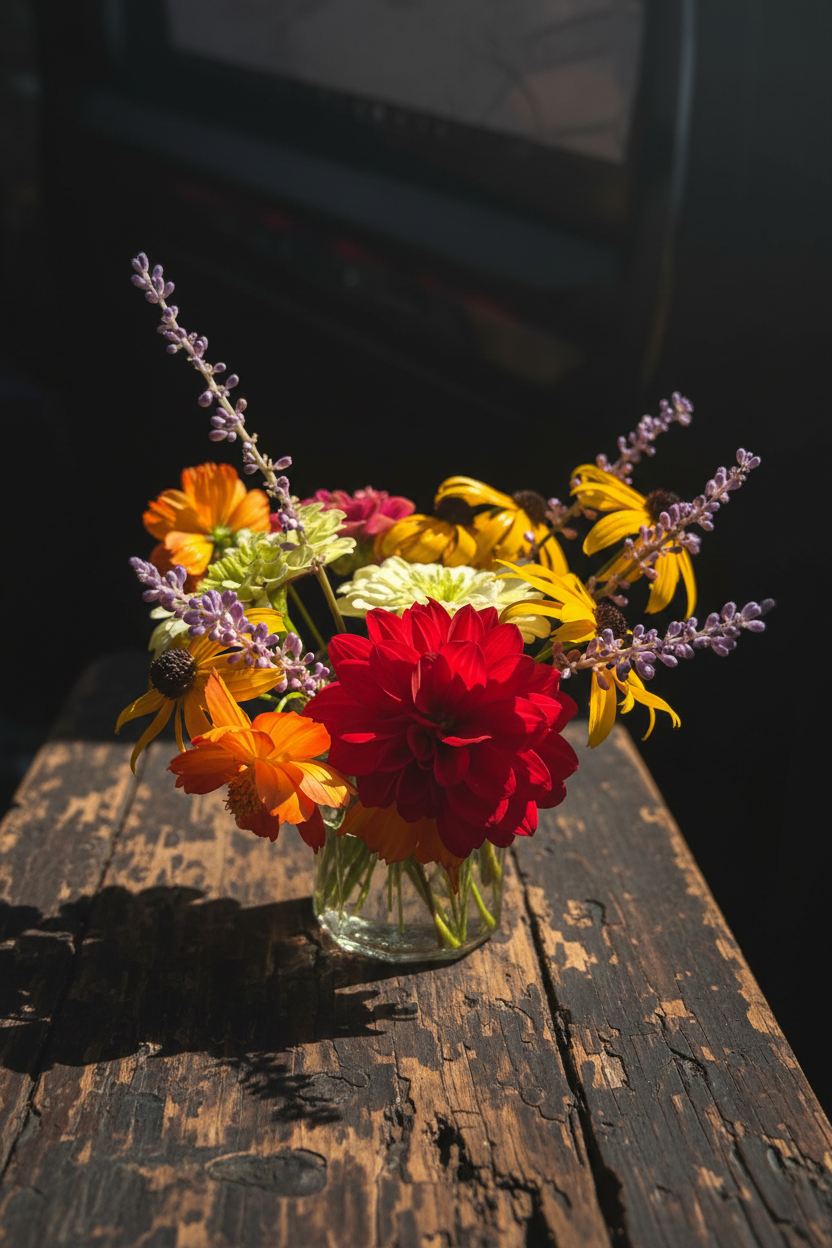 Flowers on dark distressed wood, dramatic side light