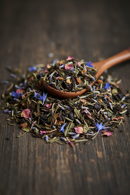 Loose leaf blueberry crumb cake lavender tea blend with green tea leaves, lavender buds, rose petals and cornflower blossoms on a dark wood surface