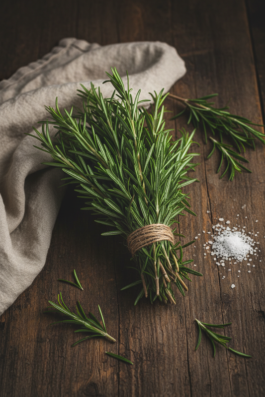 Farm-fresh organic rosemary bunch on dark wood