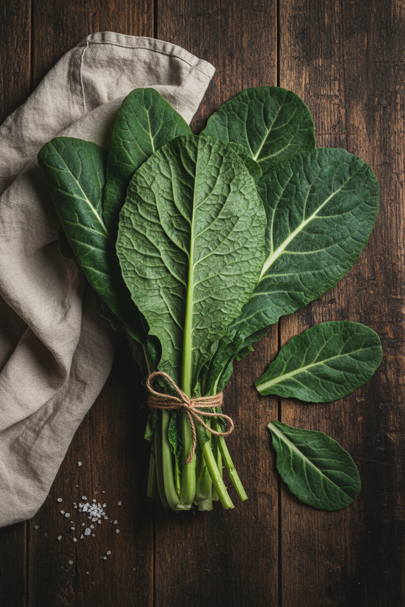 Farm-fresh collard greens bunch on dark wood