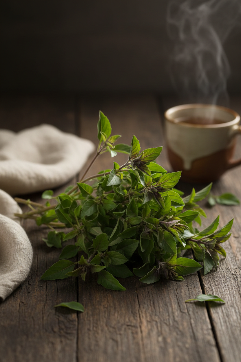 Farm-fresh Holy Basil Tulsi bunch on dark wood with herbal tea