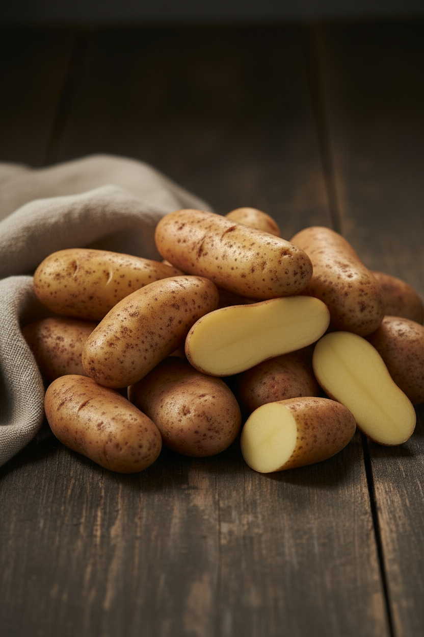 A pile of Russian Banana fingerling potatoes on a dark wood surface with linen cloth, some halved to show their golden waxy interior