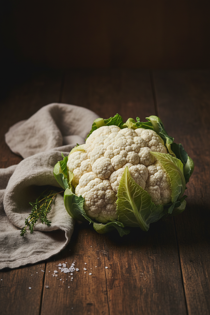 Farm-fresh organic white cauliflower head on dark wood