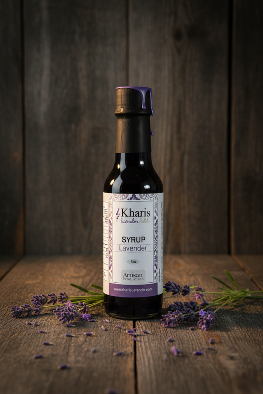 Kharis Lavender Fields Lavender Syrup dark glass bottle with purple wax seal on a dark wood surface with fresh lavender sprigs