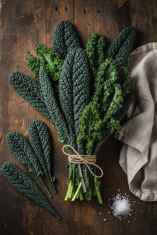 Farm-fresh organic Cavolo Nero and mixed kale leaves on dark wood