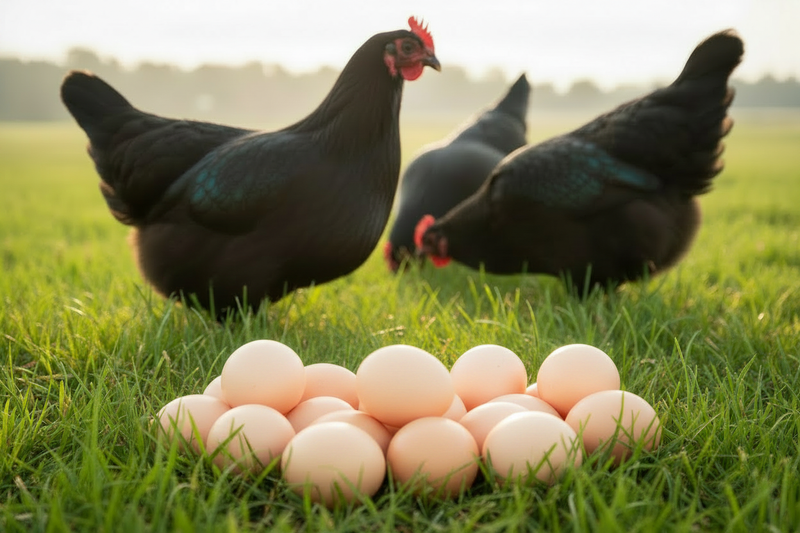 Two Black Australorp hens with iridescent black feathers stand on open green pasture at The Nourish Acres, with fresh cream and light brown eggs scattered naturally on the grass in front of them