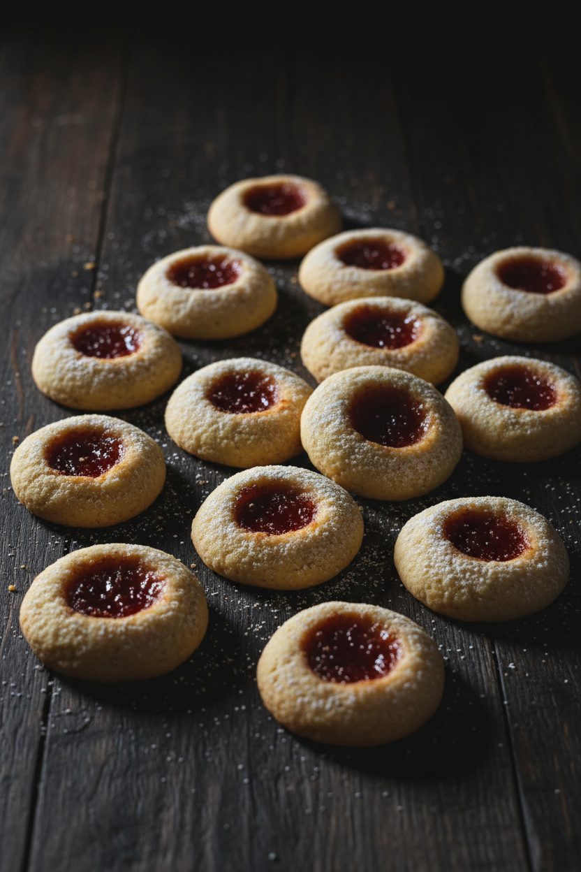 12 Thumbprint Jam Cookies – Dark Wood Portrait