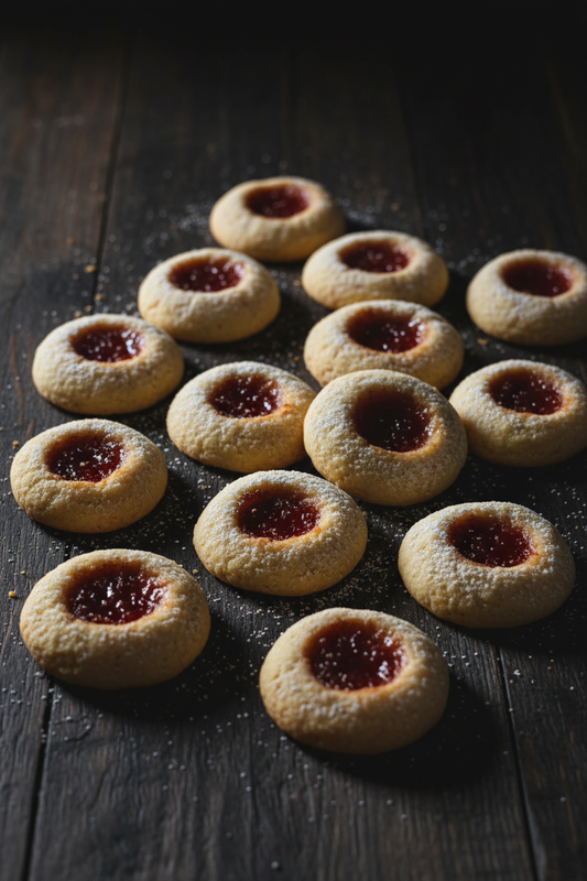 12 Thumbprint Jam Cookies – Dark Wood Portrait
