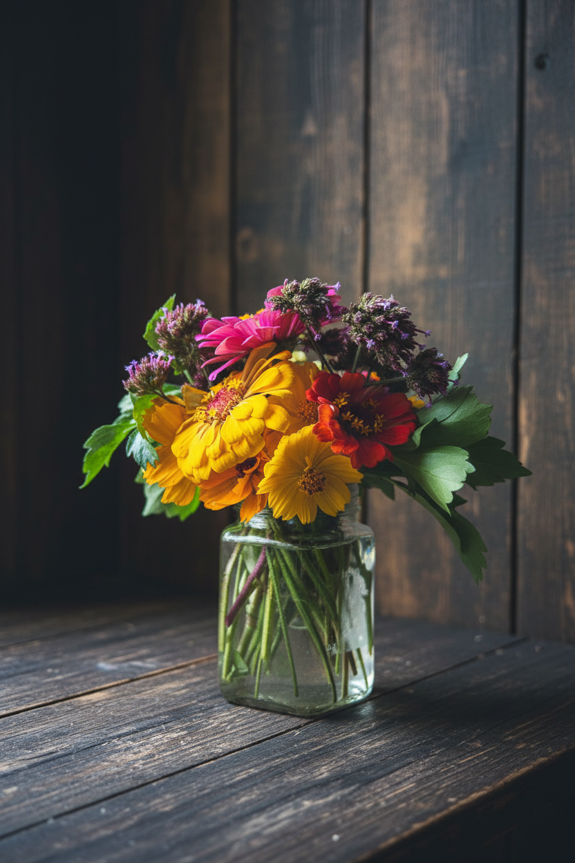 Flowers on distressed wood table with wood wall backdrop