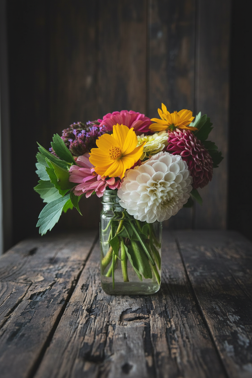Flowers on distressed wood with wood wall, natural light