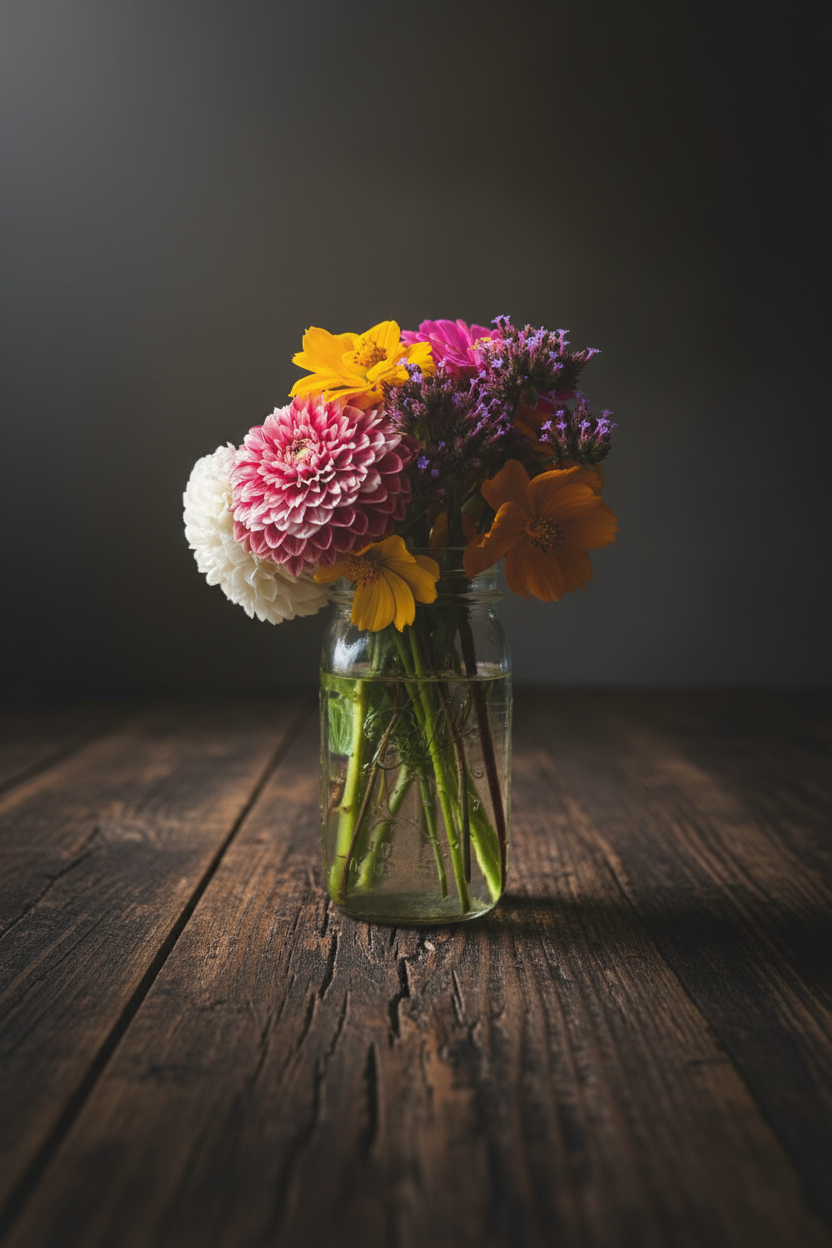 Flowers on weathered wood, natural light