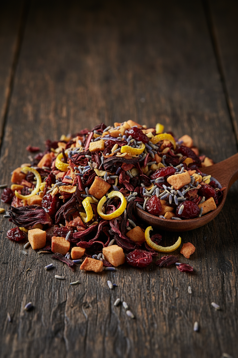 Loose leaf fruit blend lemon lavender herbal tea with hibiscus flowers, apple pieces, cranberries, lemon peel and lavender buds on a dark wood surface with wooden spoon