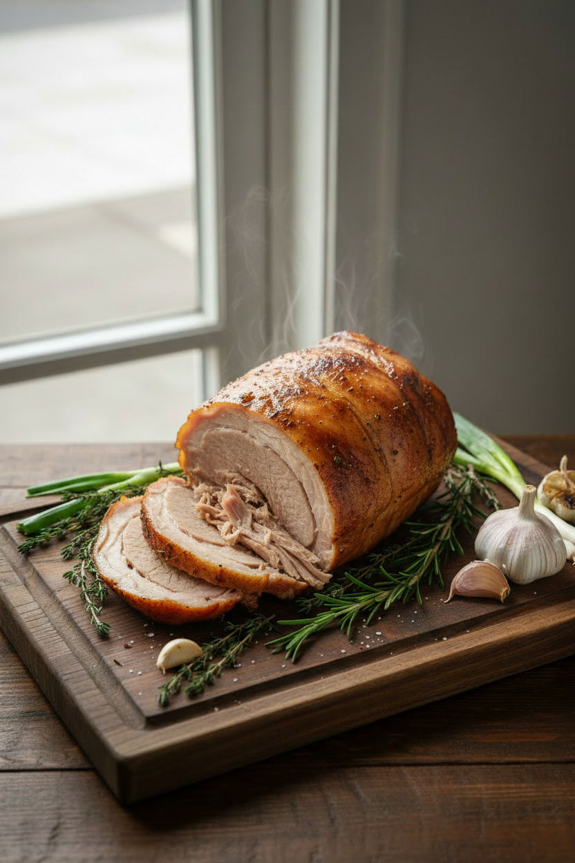 Heritage breed pork shoulder roast on a rustic wooden cutting board with fresh herbs