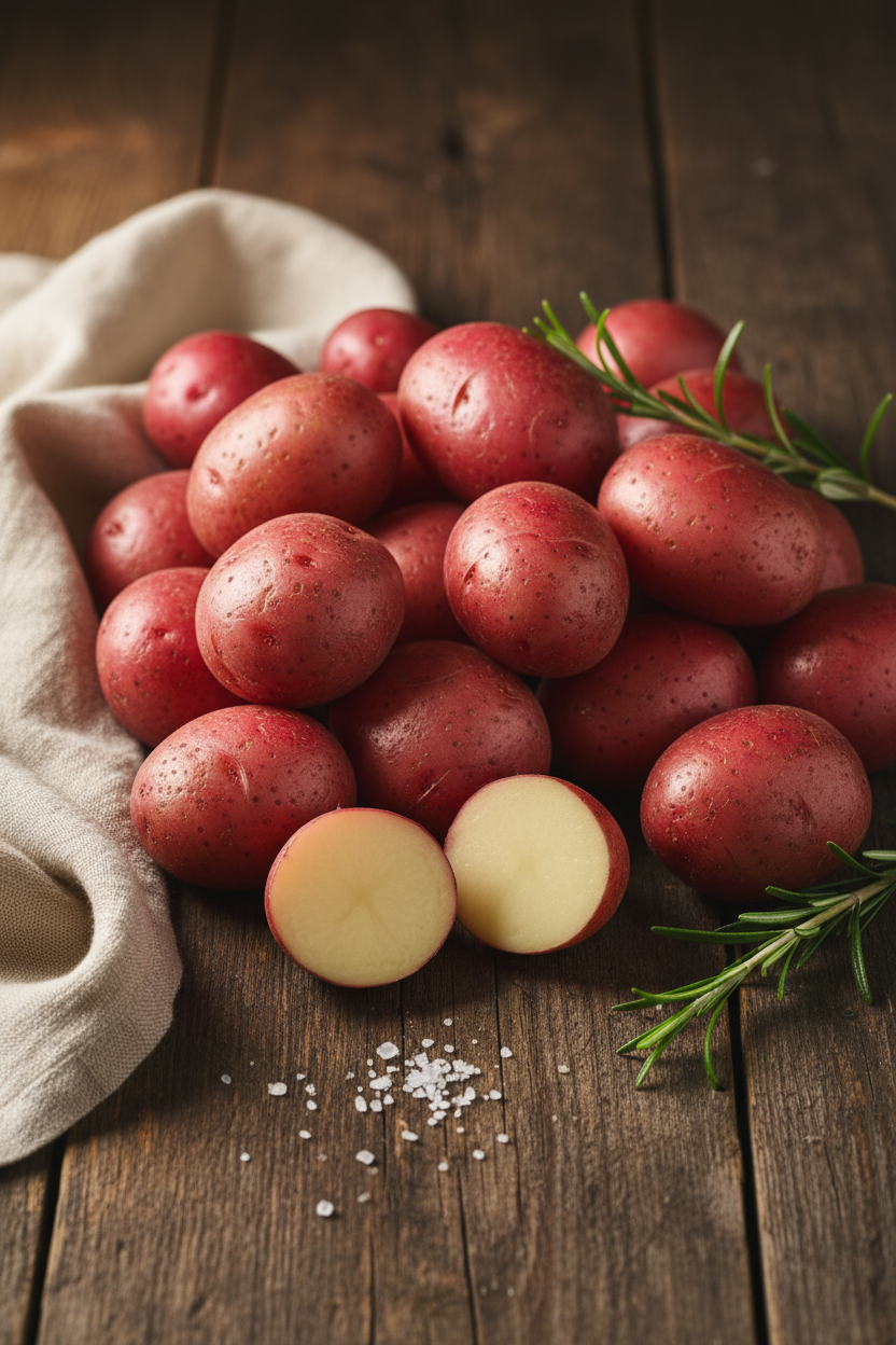 Farm-fresh new red potatoes on dark wood