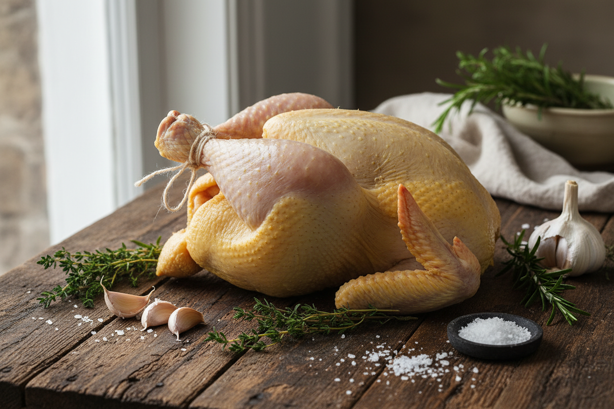 Raw whole pasture raised chicken on rustic dark wood surface with fresh herbs