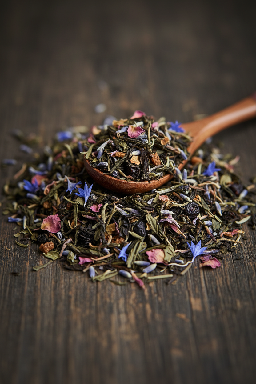 Loose leaf blueberry crumb cake lavender tea blend with green tea leaves, lavender buds, rose petals and cornflower blossoms on a dark wood surface