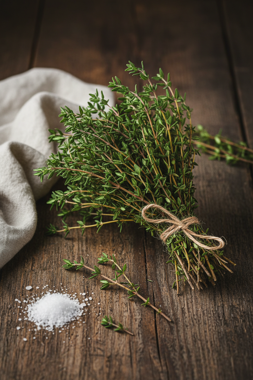 Farm-fresh organic thyme bunch on dark wood