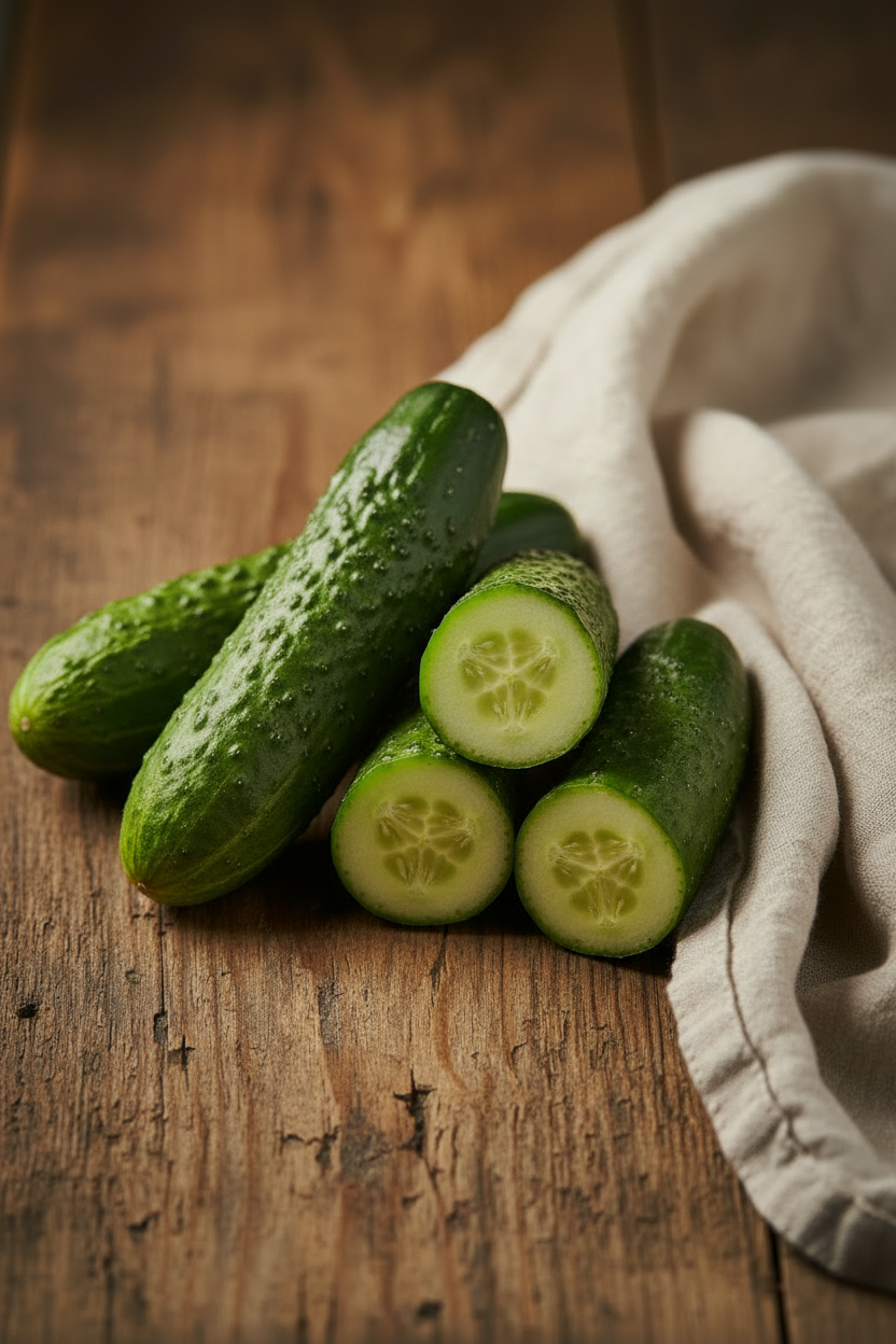 Two whole slicing cucumbers and one cut in half on a dark rustic wooden surface with natural linen