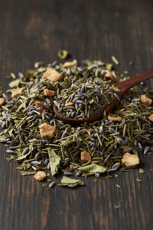 Loose leaf honey ginger and lavender herbal tea blend with green tea leaves, lavender buds and ginger pieces on a dark wood surface with wooden spoon
