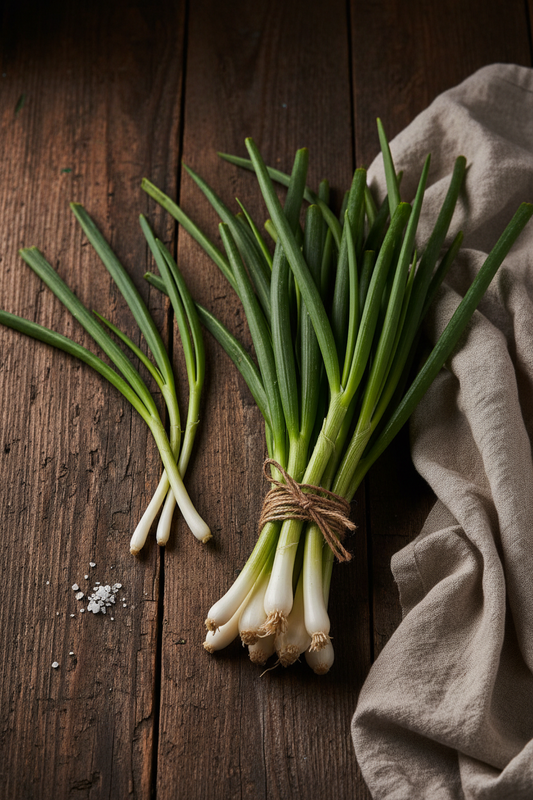 Farm-fresh spring onions scallions on dark wood