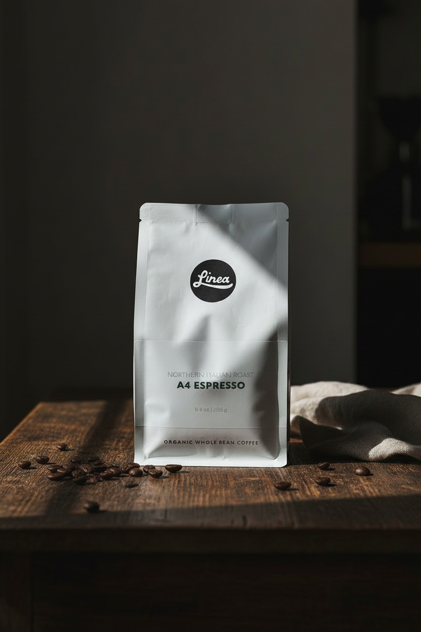 Linea A4 Espresso Beans bag on distressed dark wood surface