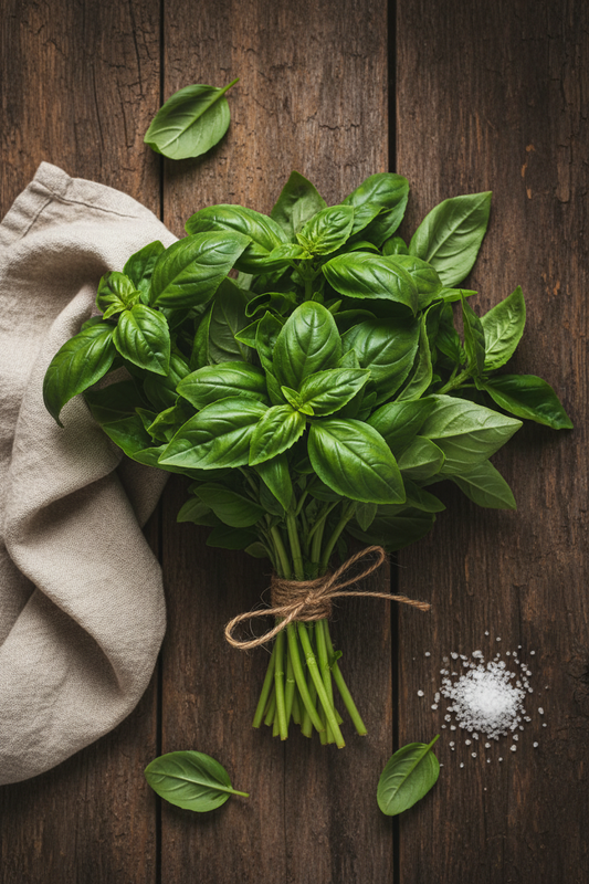Farm-fresh organic Italian basil bunch on dark wood