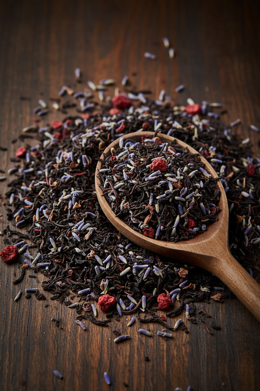Loose leaf raspberry and lavender tea blend with dark black tea leaves, lavender buds and raspberry pieces on a dark wood surface with wooden spoon