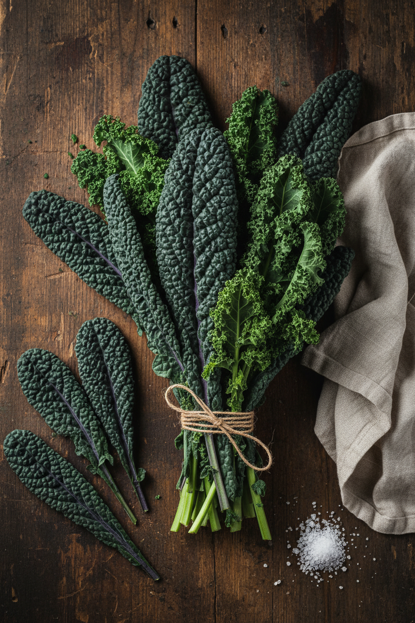 Farm-fresh organic Cavolo Nero and mixed kale leaves on dark wood