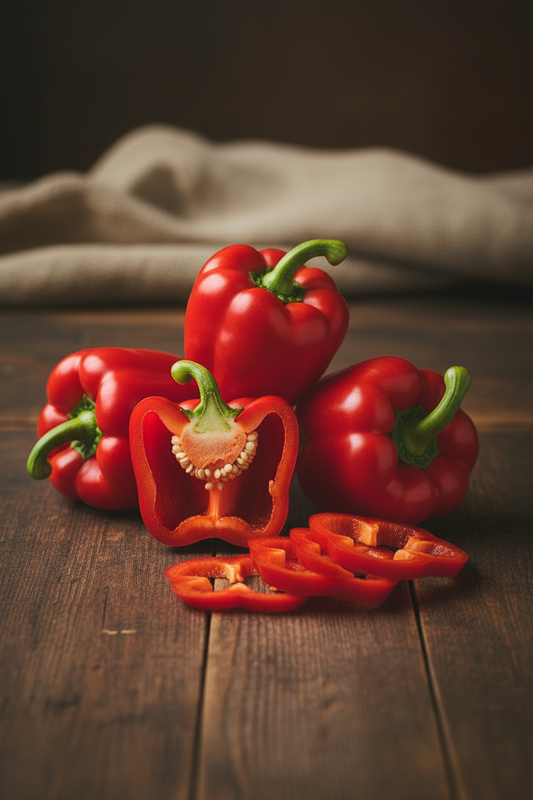 Farm-fresh organic red bell peppers, one halved, with slices on dark wood surface