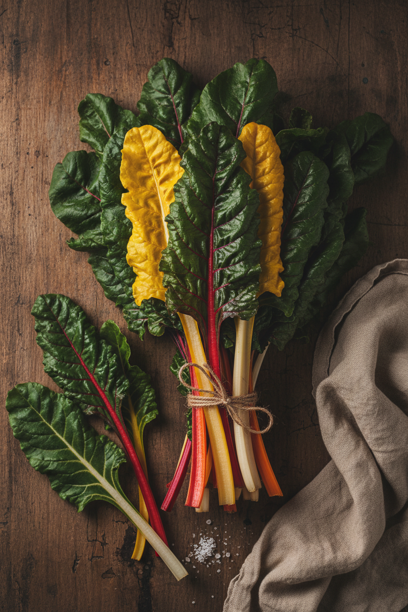 Farm-fresh organic rainbow chard bunch on dark wood
