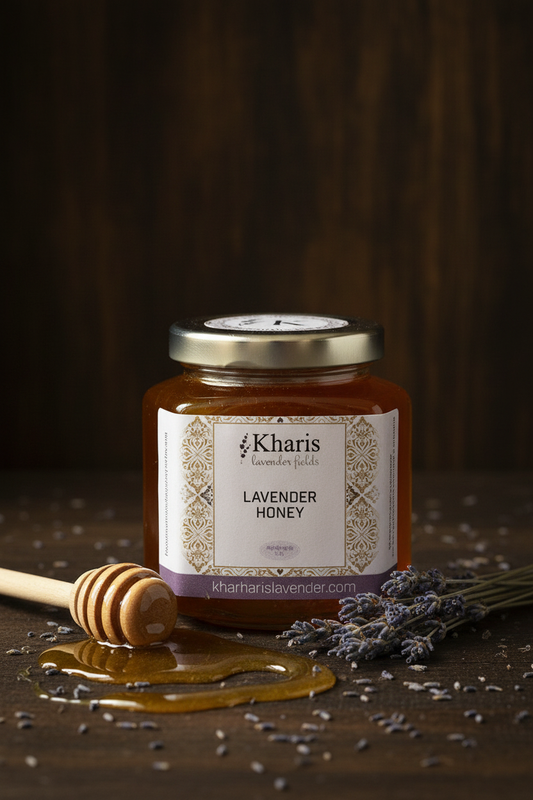 Kharis Lavender Fields Lavender Honey hexagonal glass jar with silver lid surrounded by dried lavender sprigs on a dark wood surface