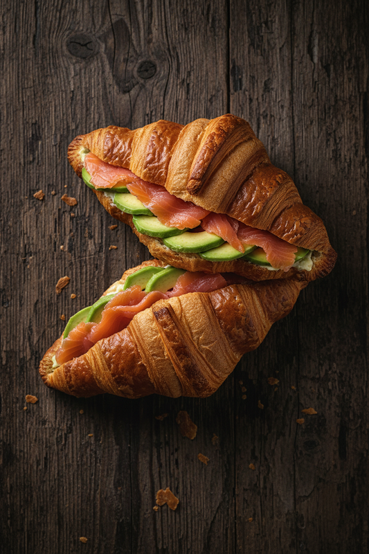 Two smoked salmon and avocado croissants on distressed dark wood