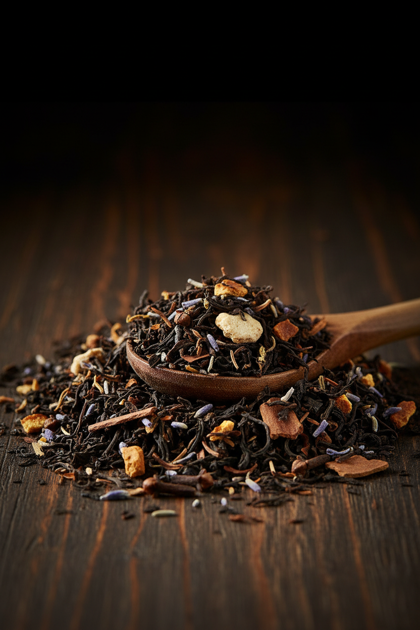 Loose leaf orange spice and lavender black tea blend with dark tea leaves, orange peel, cinnamon pieces, cloves and lavender buds on a dark wood surface with wooden spoon