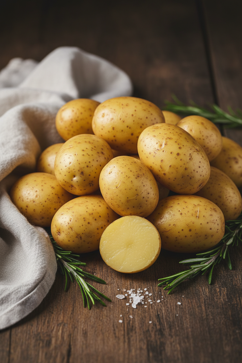 Farm-fresh new gold potatoes on dark wood
