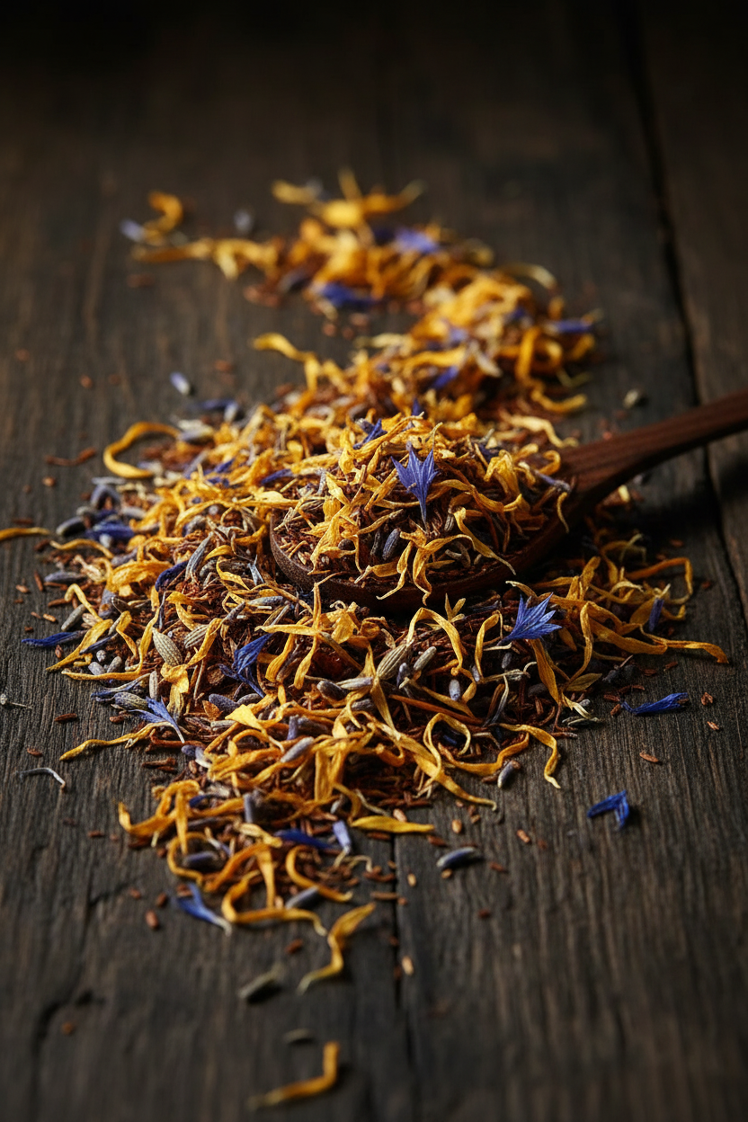 Loose leaf lemon soufflé lavender rooibos tea blend with golden marigold petals, blue cornflower blossoms, lavender buds and rooibos on a dark wood surface with wooden spoon