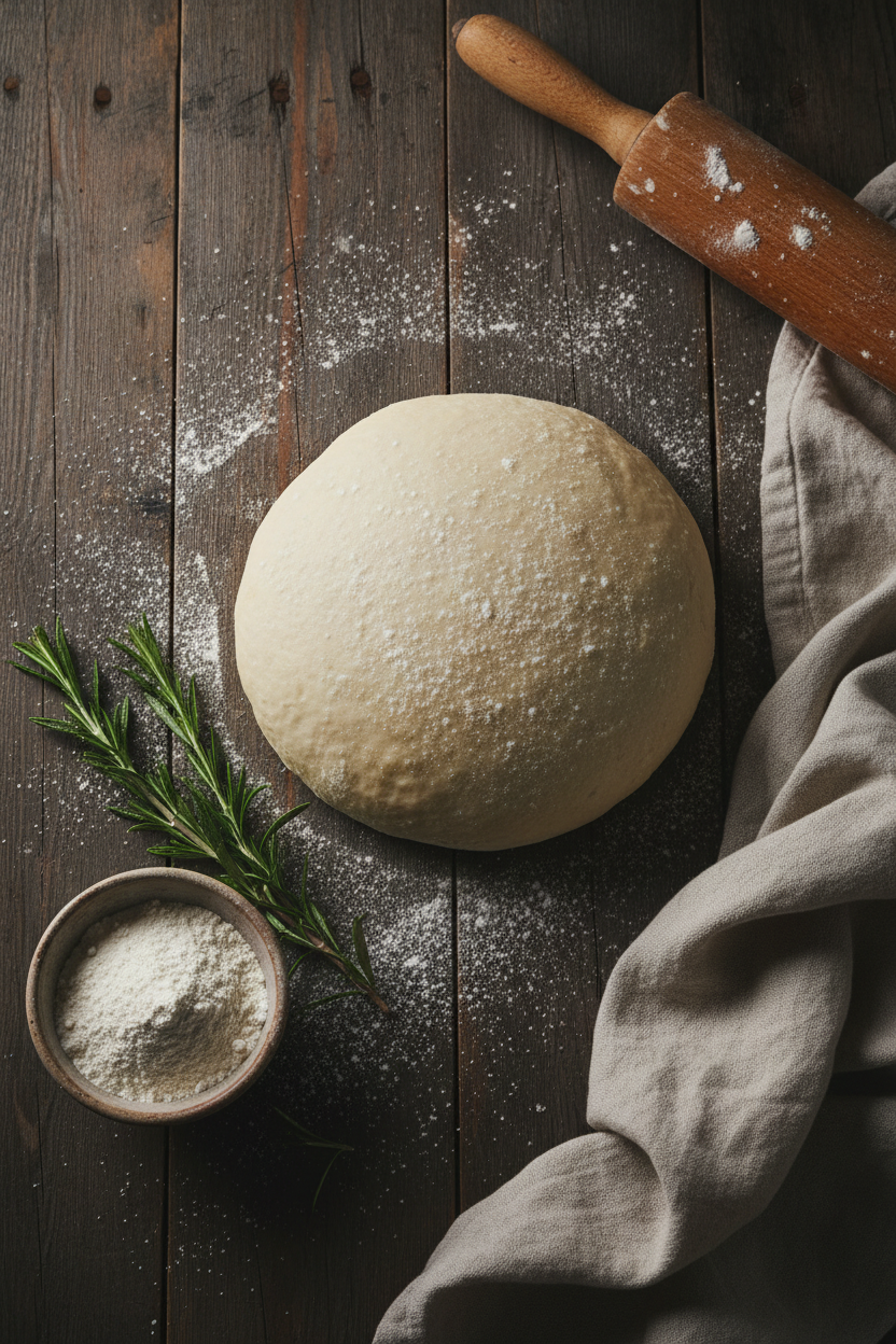 Fresh organic sourdough pizza dough ball on dark wood