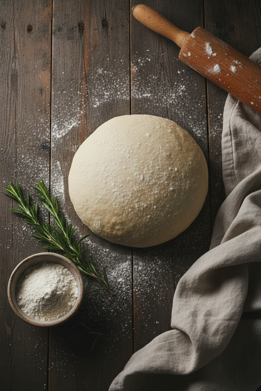 Fresh organic sourdough pizza dough ball on dark wood