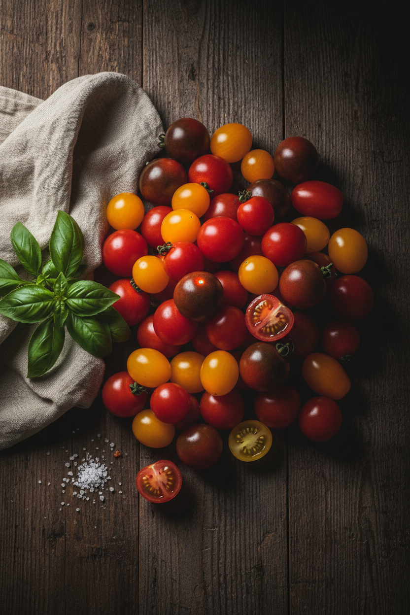 Farm-fresh mixed cherry tomatoes on dark wood