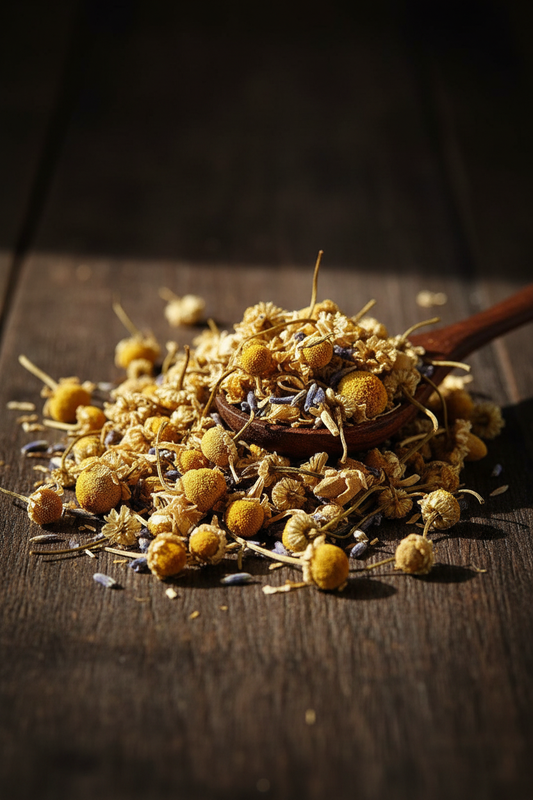 Loose leaf chamomile and lavender herbal tea blend with whole dried chamomile flowers and lavender buds on a dark wood surface with wooden spoon