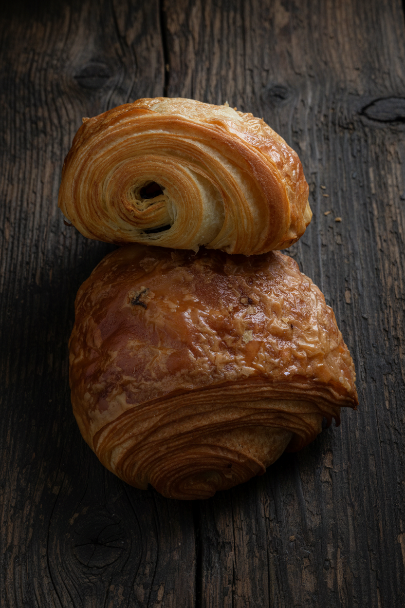Pain au Chocolat and Almond Croissant on Dark Wood 2